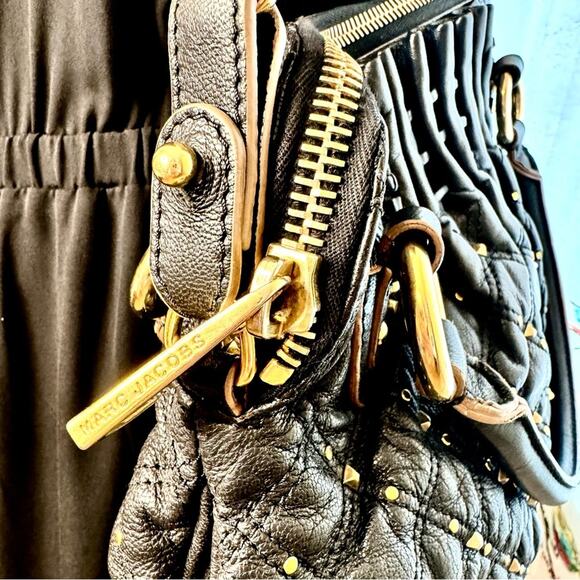 MARC JACOBS Cecilia STARDUST Gold Studded Large Black Quilted Leather Bag Purse - Picture 10 of 15